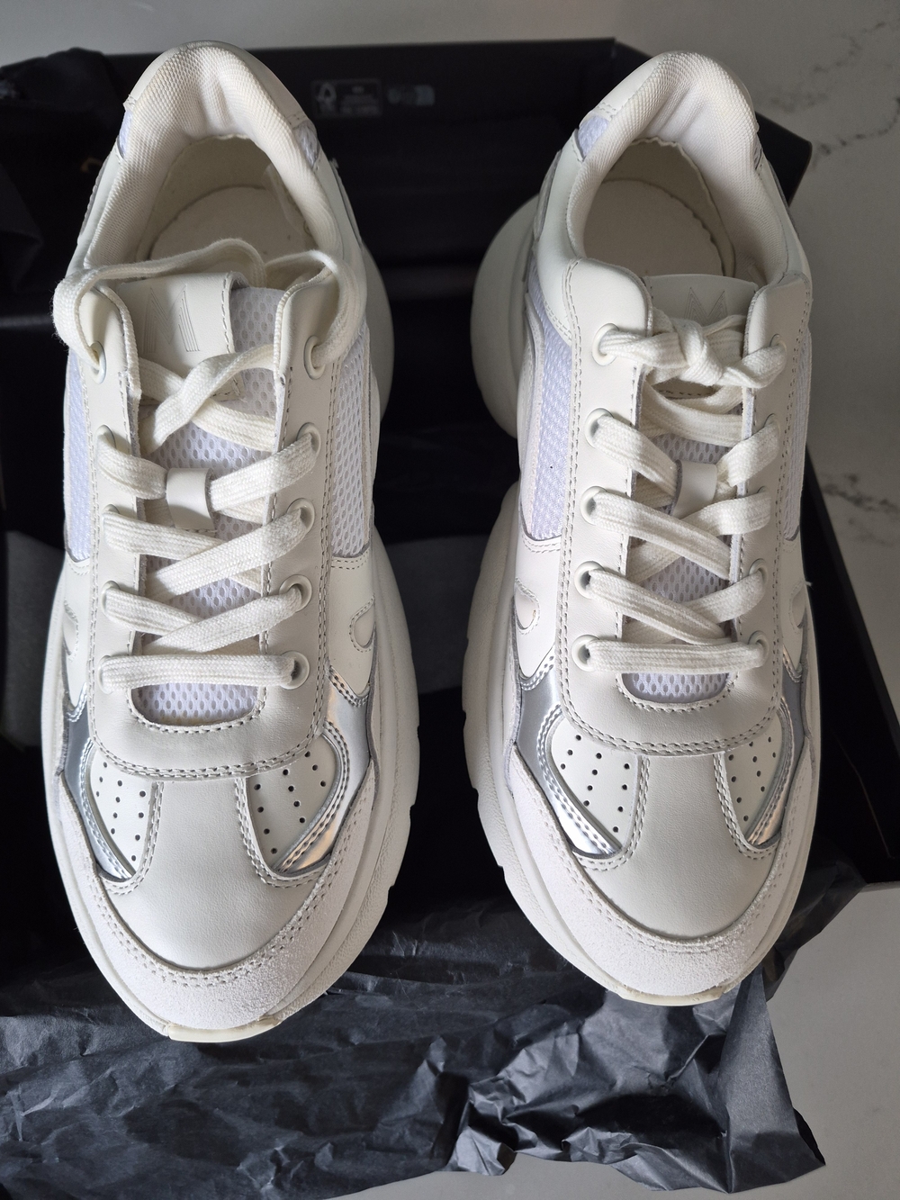Maje Chunky White Lace-Up Sneakers with Silver Accents